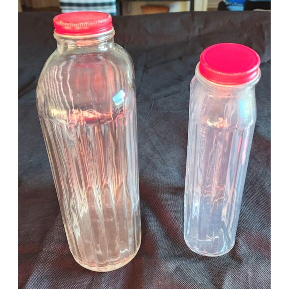 2 Milk Water Antique Vintage Ribbed Glass Bottles With Red Caps Anchor Hocking - Picture 5 of 13